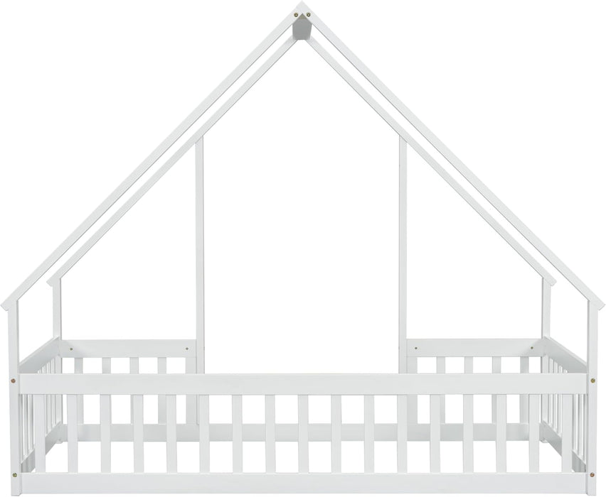 Twin White Montessori House Floor Bed IntegratedFence