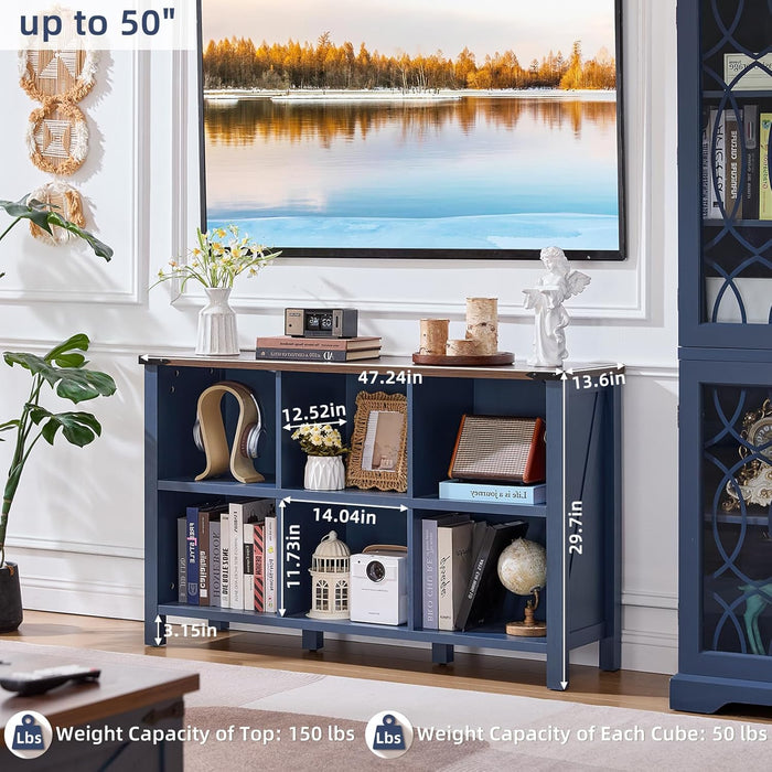 6 Cube Bookcase, Farmhouse Wood Low Storage Organizer Book Shelf, 47" Horizontal Navy Blue Console Bookshelf with Legs, Hallway Book Case for Entryway, Display Cabinet for Living Room, Office