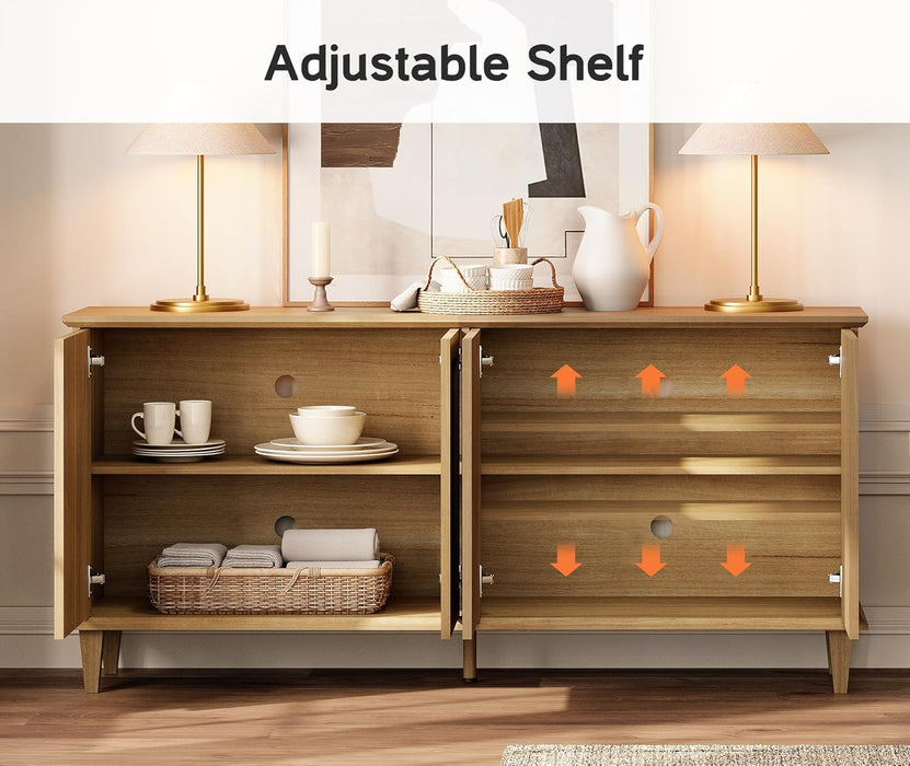 65" Modern Farmhouse TV Stand with Handcrafted Patchwork Doors for 55-75" Tvs, Entertainment Center Console with Cable Management, Adjustable Shelves Storage for Living Room, Natural Oak