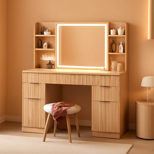 51.2" Fluted Makeup Vanity Desk with Large 30.3" Mirror and Lights, 5 Drawer Vanity with Power Strip, 6 Open Shelves, 2 Cabinet，Modern Dressing Table with Solid Wood Legs for Bedroom, Oak