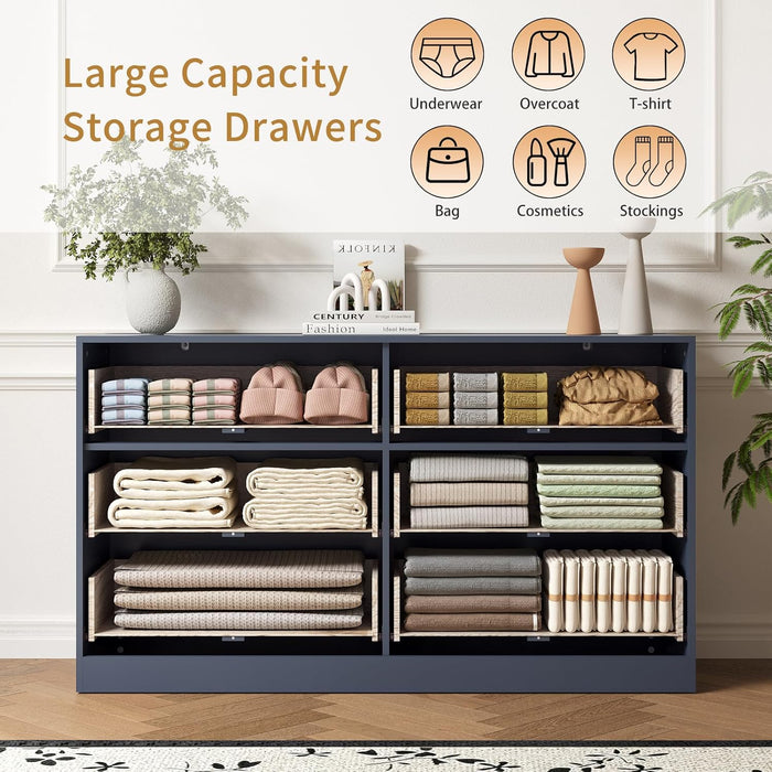 6 Drawer Fluted Dresser for the Bedroom, 55" Wide Wooden Dresser with Deep Drawers, Large Floor Chest of Drawers, Modern Long TV Stand, Storage Cabinet for Livingroom, Hallway, Blue