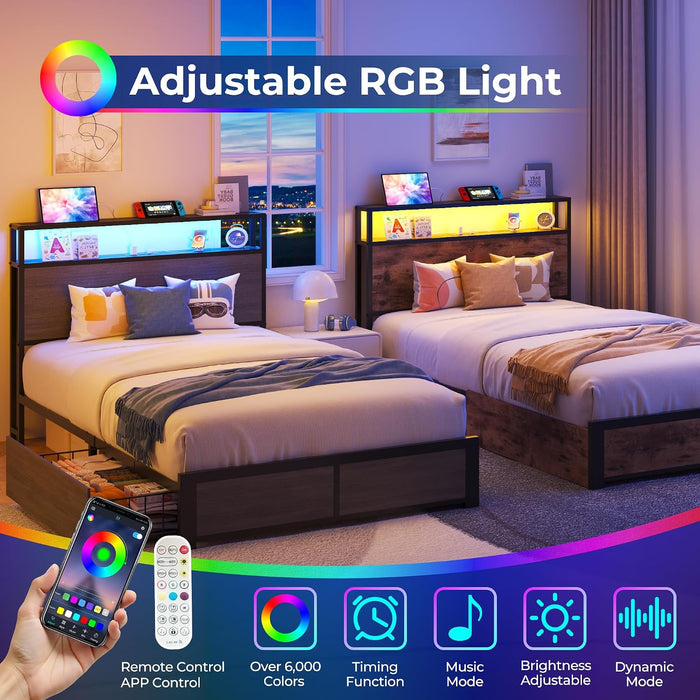 Twin Bed Frame with 2-Tier Storage Headboard, Twin Size Metal Bed Frame with 2 Storage Drawers, 3-In-1 Charging Station & RGB LED, Noise-Free/Metal Support/No Box Spring Needed, Rustic Grey