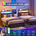 Twin Bed Frame with 2-Tier Storage Headboard, Twin Size Metal Bed Frame with 2 Storage Drawers, 3-In-1 Charging Station & RGB LED, Noise-Free/Metal Support/No Box Spring Needed, Rustic Grey