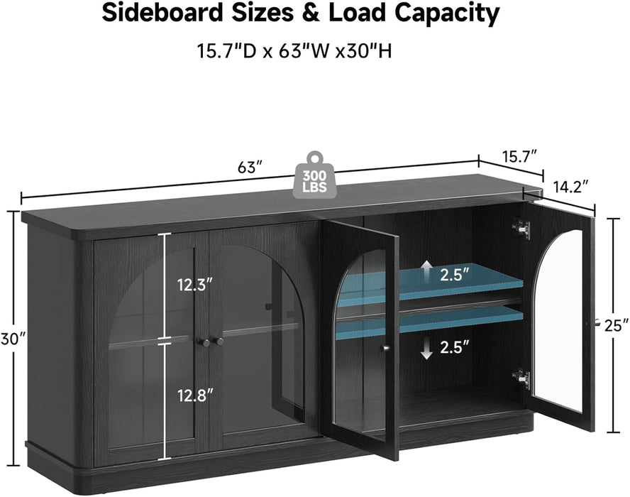 63 Inch Sideboard Buffet Cabinet with Glass Doors, Credenzas Cabinet, Black | 4 Doors, Arched, Large, Adjustable Shelves, Modern Style, for Living Room, Kitchen, Entryway