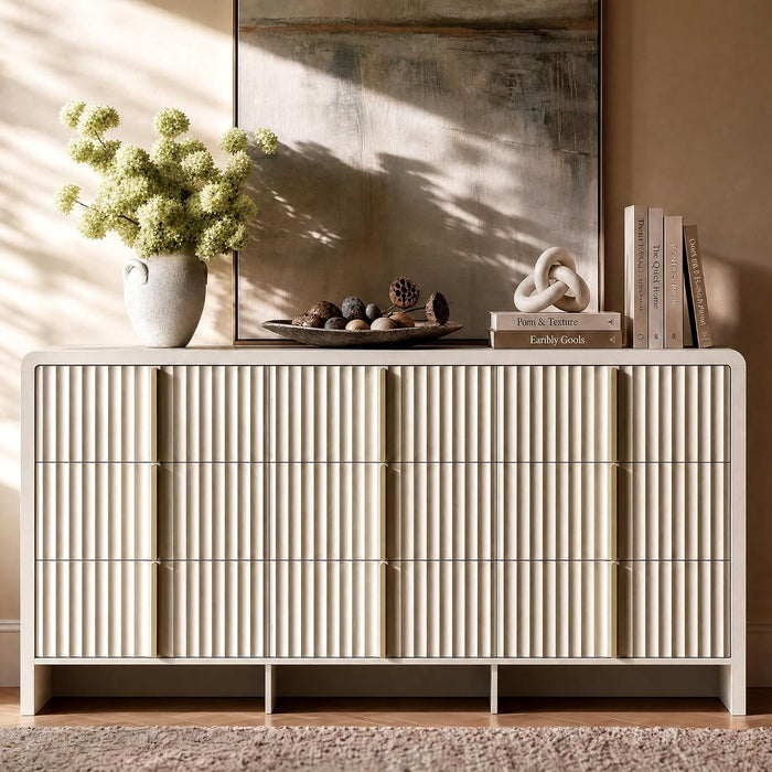 Fluted 9 Drawer Dresser for Bedroom, 64.2" Wide White Chest of Drawers, Modern Wood Storage Cabinet with Metal Handles, Anti-Tip Clothes Organizer, Grey