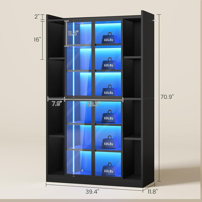 71" Display Cabinet with Acrylic Glass Doors, 6 Tier Display Cases for Collectibles, Curio Cabinet with LED Lights, Tall Bookcase with Adjustable Shelves, Black