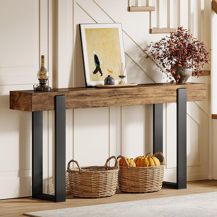 63-Inch Long Console Table, Solid Wood Sofa Table behind the Couch with Metal Support, Farmhouse Entryway Furniture for Entrance, Hallway, Living Room, Rustic Brown & Black