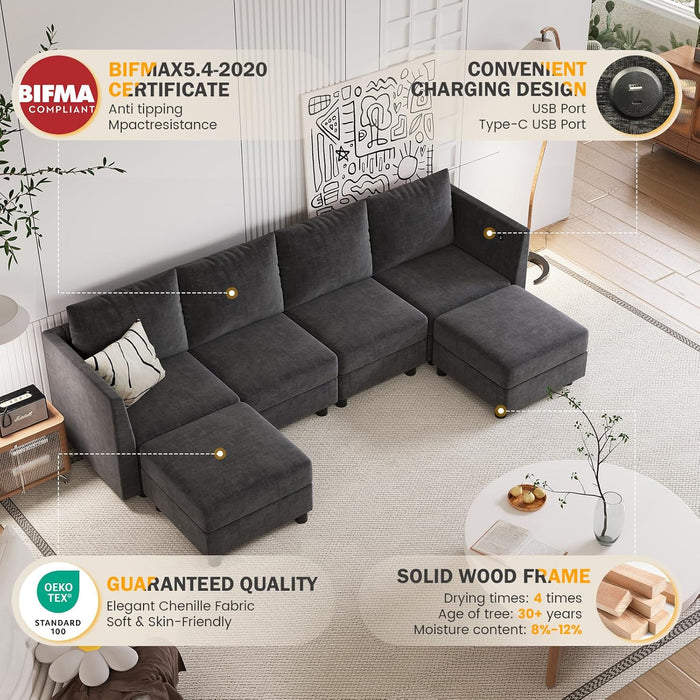 Modular Sectional Couch, 6 Seats U Shaped Couch with Storage, Modern Chenille Sofa Set with USB Charging Ports, Comfy Couches with Chaise for Living Room, Office, Dark Grey