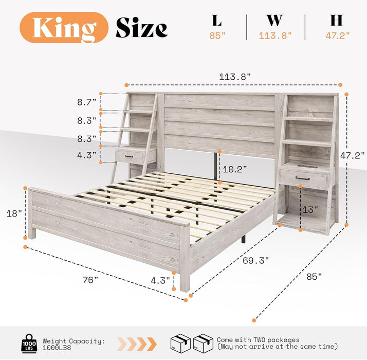 King Bed Frame with Bookcase Headboard & 4-Tier Bedside Shelf, Farmhouse Platform Bed with Charging Station and 2 Drawers, Noise-Free