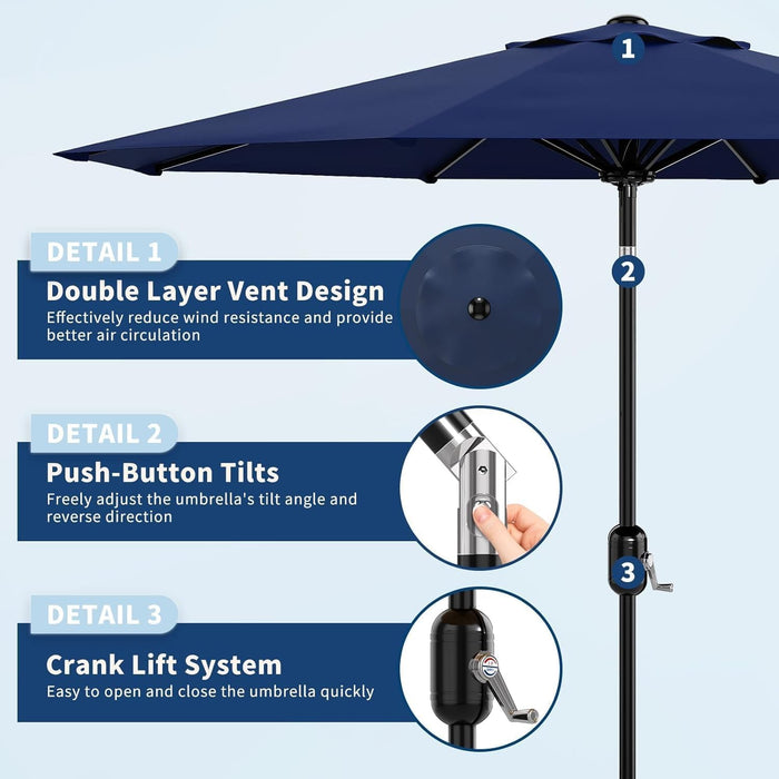 Patio Umbrella with Solar Lights, Outdoor Table Umbrella with 8 Durable Ribs, Tilt & Crank Mechanism, Waterproof & UV Protection for Garden, Backyard, Poolside