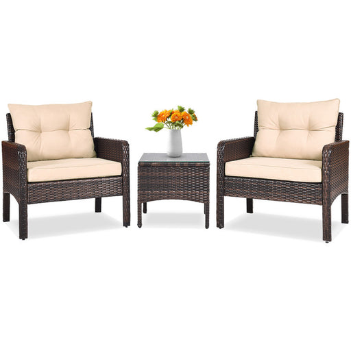 3 Pieces Outdoor Patio Rattan Conversation Set with Seat Cushions