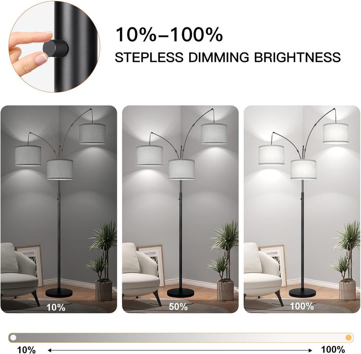 Dimmable Floor Lamp, 3 Lights Black Arc Floor Lamp, Modern Tall Standing Tree Lamp with Grey Linen Shades & Heavy Base, 3000LM LED Bulbs, Bright Lighting for Living Room, Bedroom, Office & Reading