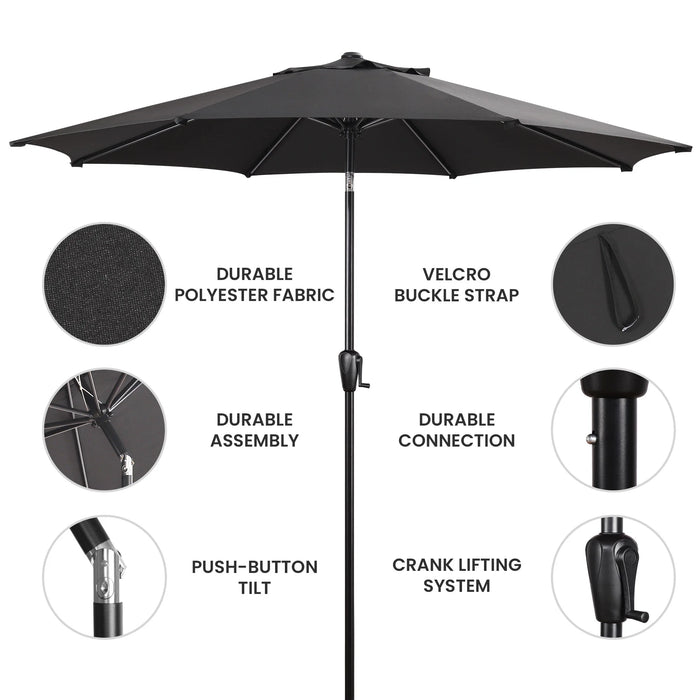 9 FT Patio Umbrella W/ Push Button Tilt and Crank Outdoor Umbrella, 8 Sturdy Ribs, UV Protection, Solution-Dyed Fabric, Black