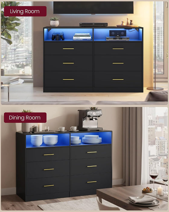 Dresser for Bedroom, with LED Lights and Power Strip, 6 Drawers