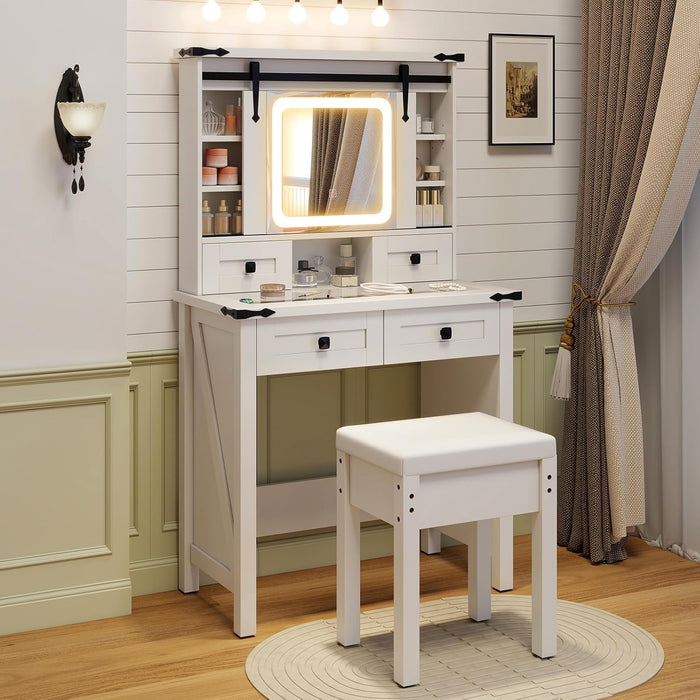 White Vanity Desk with Barn-Style Sliding Mirror and Lights, Glass Tabletop Makeup Vanity Desk with Drawers & Shelves, Farmhouse Vanity Dressing Table with Stool