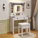 White Vanity Desk with Barn-Style Sliding Mirror and Lights, Glass Tabletop Makeup Vanity Desk with Drawers & Shelves, Farmhouse Vanity Dressing Table with Stool