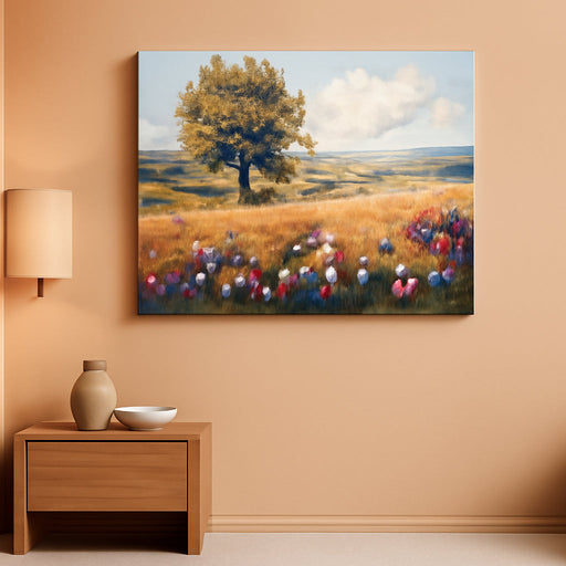 Nature Landscape Wall Art, Rustic Meadow Wildflower Tree Artwork for Walls, Cottagecore Aesthetic Pictures Large Canvas Art Wall Decor Living Room Bedroom Dining Room Prints 24X48 Inch