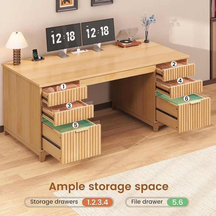 55.1" Fluted Office Desk with 6 Drawers, Modern Executive Desk with Acrylic File Drawers, Computer Desk with Power Outlets for Home Office and Study, Natrual