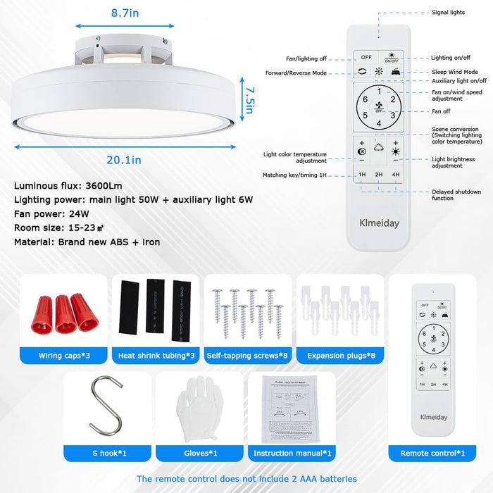 Ceiling Fans with Lights and Remote, Flush Mount Modern Bladeless Ceiling Fan with Light, 6 Speeds, Stepless Dimming and CCT 3000K-6000K LED Lights for Bedroom, Study Room (White, 20.1″)