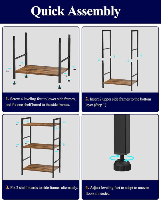 3-Tier Book Shelf - Wood & Metal Bookshelf with Handle & Adjustable Feet, Lightweight Bookcase for Living Room, Bedroom, Kitchen, Office or Dorm (16.5"×11.0"×28.1")
