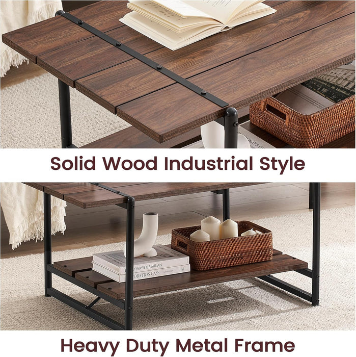 2-Tier Modern Industrial 41'' Large Wood Coffee Table with Storage Shelf - Rustic Metal Rectangle Center Living Room Coffee Table Accent Furniture for Home Office, Brown Walnut