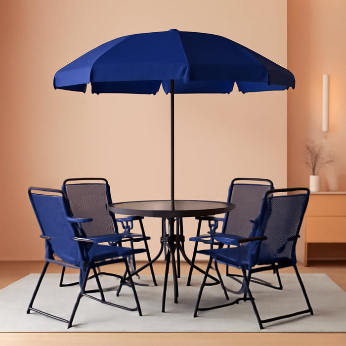 6 Piece Navy Patio Garden Set with Table, Umbrella and 4 Folding Chairs
