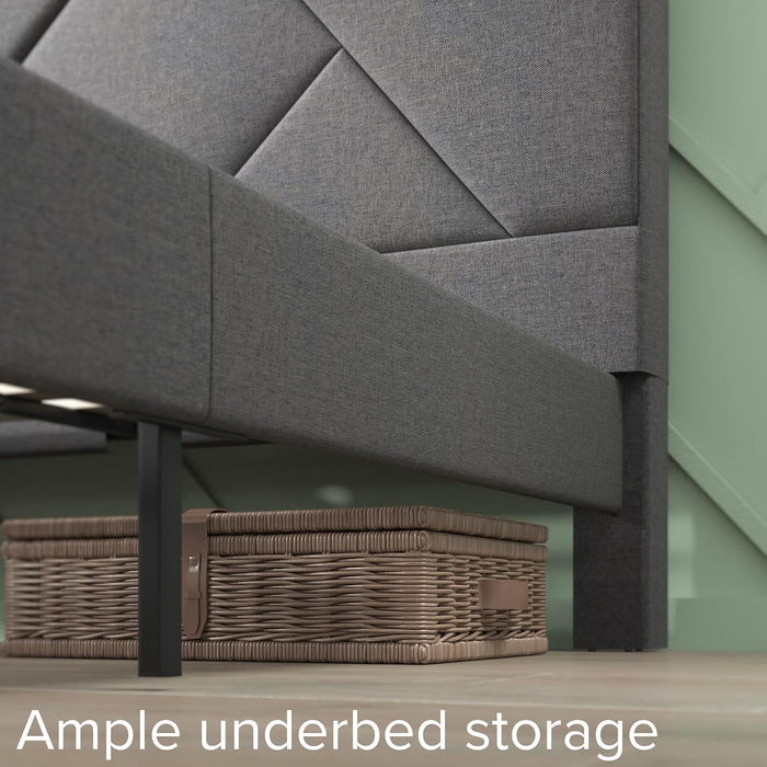 Judy Upholstered Platform Bed Frame, Mattress Foundation, Wood Slat Support, No Box Spring Needed, Eco Friendly Wonderbox (TM), Easy Assembly, Dark Grey, King