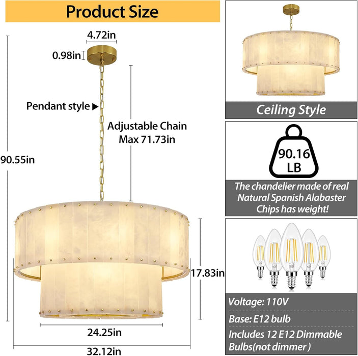 Alabaster Chandelier,D32In Spanish Marble round Alabaster Chandelier 2 Tiers,Modern Living Room Alabaster Chandeliers, Adjustable Gold Chandeliers for Dining Room,Bedroom,Bathroom,Entryway