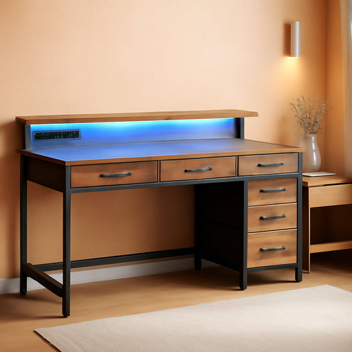 Gaming Desk with 6 Drawers, Computer Desk with LED Lights Power Outlets and Type-C, 47 Inch Office Desk with Storage, Monitor Stand, Writing Desk Work Desk for Home Office, Study, Rustic Brown