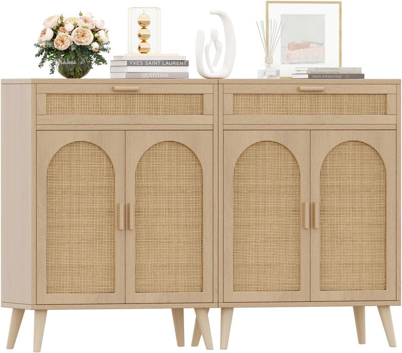 Rattan Storage Cabinet Set of 2, Buffet Sideboard with Storage, Coffee Bar with Drawer & Doors, Accent Floor Cabinet for Living Room, Dinning Room, Entryway, Natural