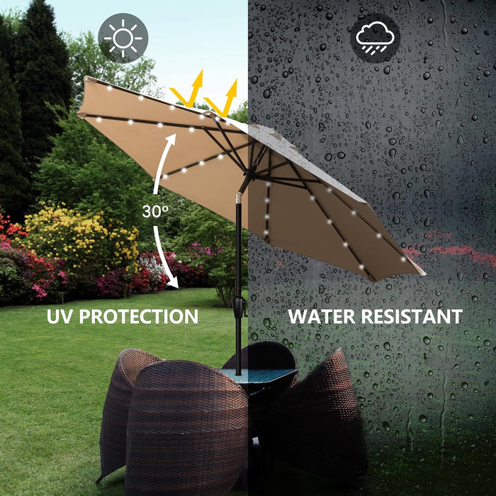 9' round Patio Umbrella with 32 Solar Powered LED Lights, Push-Button Tilt and Hand Crank Lift, Solar Umbrella in Taupe for Porch, Deck, and Patio by
