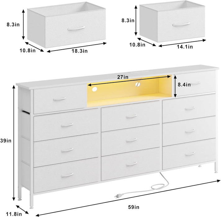 Long Dresser for Bedroom with Charging Station and LED Lights, White Dresser TV Stand with 11 Drawers, Fabric Chest of Drawers with PU Finish for Bedroom, Living Room, Entryway
