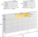 Long Dresser for Bedroom with Charging Station and LED Lights, White Dresser TV Stand with 11 Drawers, Fabric Chest of Drawers with PU Finish for Bedroom, Living Room, Entryway