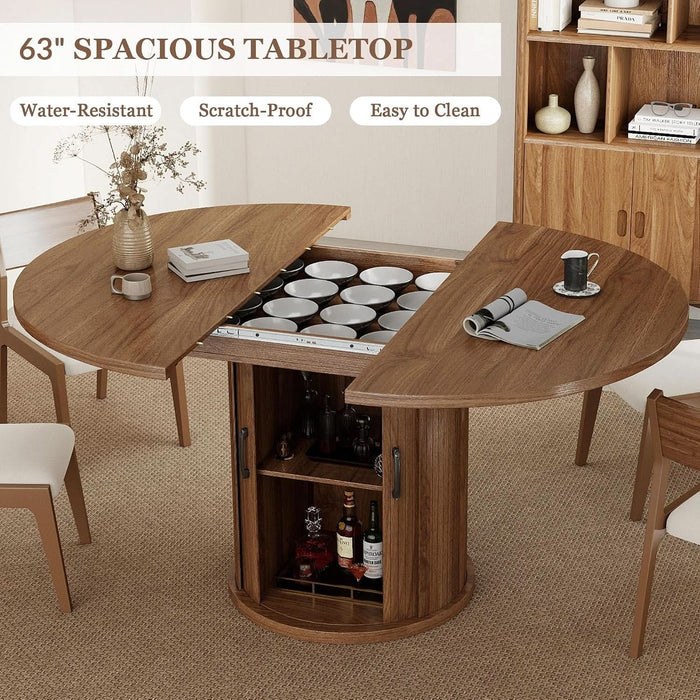 47.2"–63" Extendable Dining Room Table for 4-8, Round-To-Oval Expandable Dining Table with Dust-Proof 2-Tier Shelf, Space-Saving Wood Kitchen Table for Living Room, Walnut