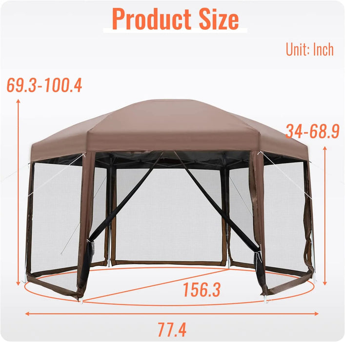 Camping Gazebo Tent 13'X13' Hexagonal Gazebo Pop up Gazebo Screen Canopy Gazebo with Mosquito Netting & Carry Bag, Brown