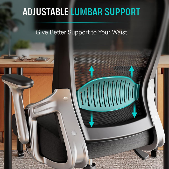 Office Chair, Ergonomic Computer Desk Chair, Sturdy Executive Task Chair - Adjustable Lumbar Support, Flip-Up Arms, Tilt Function, Comfy Wide Seat, Swivel Mesh Home Office Desk Chairs (Black)
