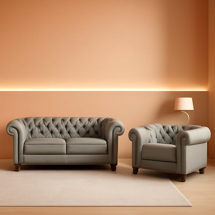 2 Piece Living Room Set, Chesterfield Leather Sofa Couch Chair with Scroll Arms and Nailhead for Living Room, Office (Grey)