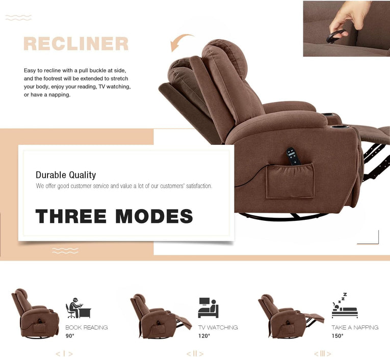 Rocking Chair Recliner Chair with Massage Swivel Ergonomic Lounge Chair Classic Single Sofa with 2 Cup Holders Side Pockets Living Room Chair Home Theater Seat (Brown)