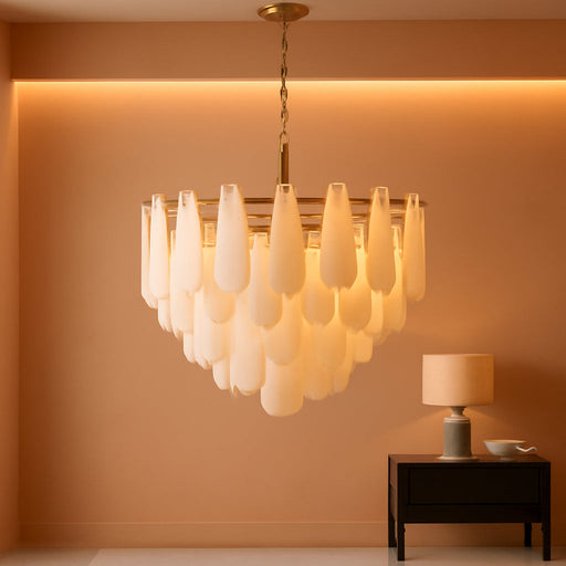 Alabaster Chandelier, D31.5 in Modern Feathery round Chandelier, 6-Tiers Luxury Large White Marble Brass Chandeliers for Dining Room Bedroom Foyer Living Room Entryway