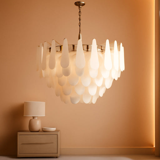 Alabaster Chandelier, D31.5 in Modern Feathery round Chandelier, 6-Tiers Luxury Large White Marble Brass Chandeliers for Dining Room Bedroom Foyer Living Room Entryway