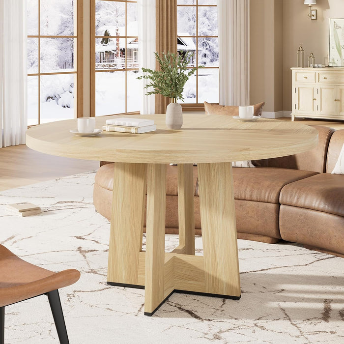 47" round Dining Table for 4-6 People - Circle Kitchen Dinner Table with Sturdy Pedestal Base, Space Saving Dinning Room Furniture for Living Room, Kitchen, Apartment, Natural