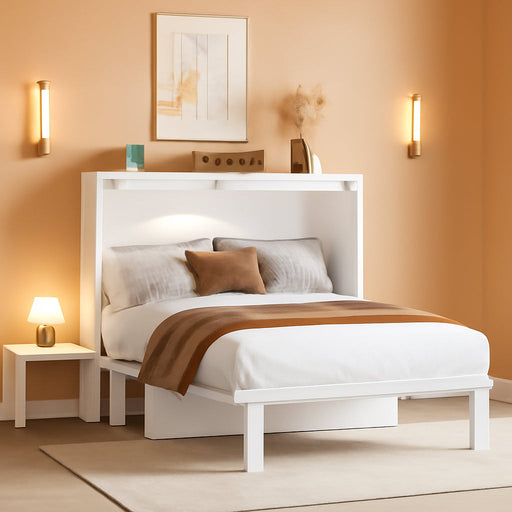 Full Size Murphy Bed, Bed with USB Port and Removable Shelves on Each Side,White