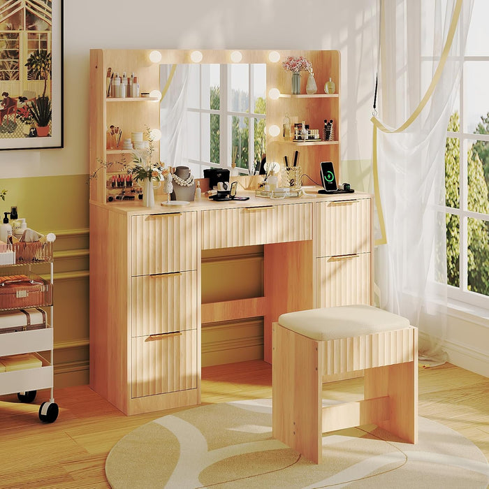 Fluted Makeup Vanity Desk with Mirror & Lights & Power Outlet, Small Vanity Table W/ 7 Drawers & 4 Storage Shelves,Oak Modern Dressing Table Set Charging Station for Bedroom