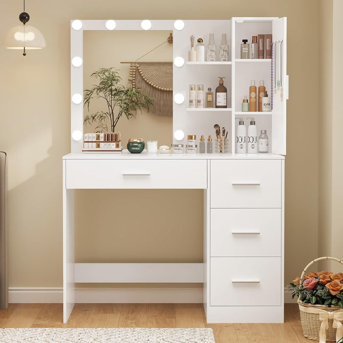 Vanity Desk with Mirror and Lights, Makeup Vanity with 4 Drawers, Cabinet & 4 Necklace Hooks, White Vanity with Mirror and 10 LED Lights, Dressing Table for Women, Bedroom, White