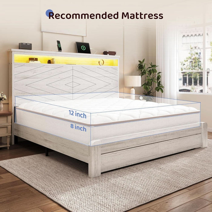 Queen Size Bed Frame with 2 Storage Drawers and Headboard Wooden Platform Bed Frame with LED Lights and Charging Station Easy Assembly/No Box Spring Needed/White