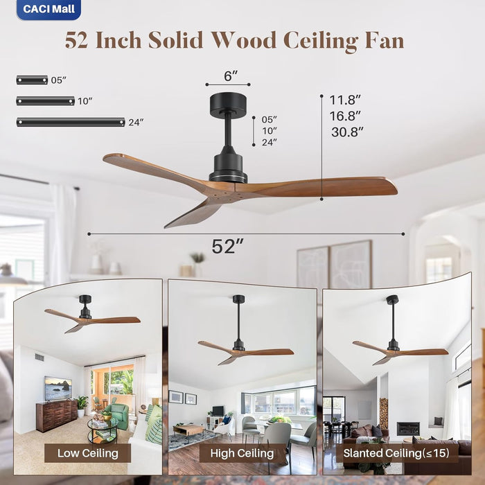 Wood Ceiling Fan No Light, Walnut, 52" Ceiling Fan without Light, Flush Mount, Modern Solid Wood 3 Blade Ceiling Fans with Remote for Indoor Farmhouse Bedroom Living Room Outdoor Patio Porch