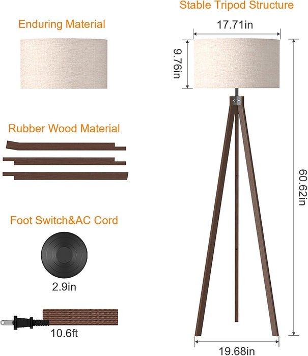 Wood Tripod Floor Lamp, Mid Century Standing Lamp, Modern Design Studying Light for Living Room, Bedroom, Study Room and Office, Flaxen Lamp Shade with E26 Base Dark Brown