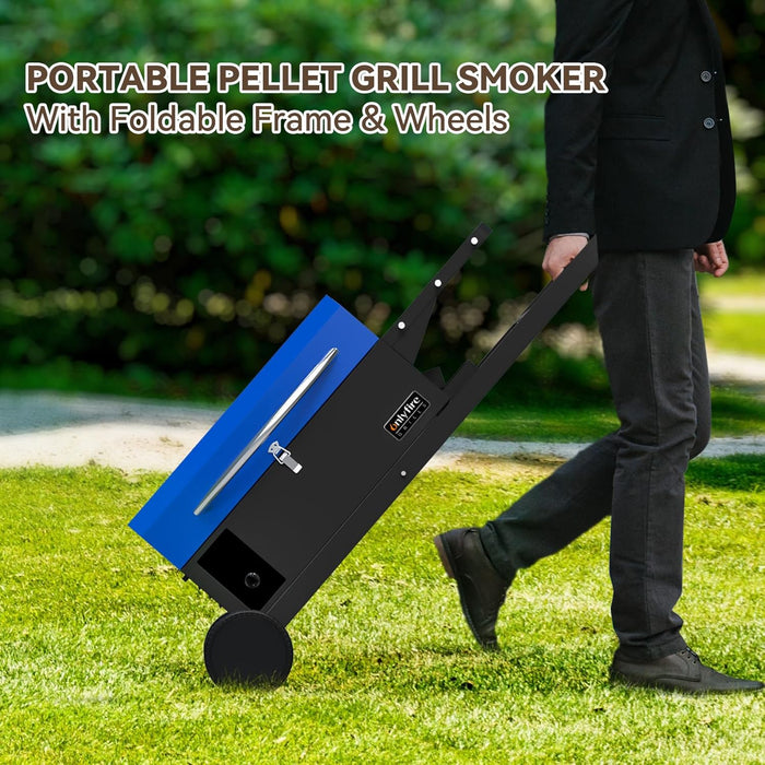BBQ Wood Pellet Grill Smoker with Foldable Cart, Meat Probe, 2 Tiers Cooking Area, Portable Smoking Grilling Stove for Outdoor Patio Cooking, RV Camping Tailgating, Blue GS342