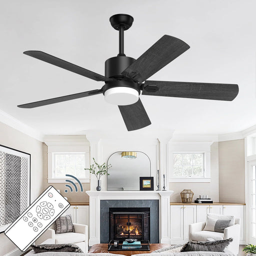 XAUJIX Ceiling Fan with Light and Remote Control, 52'' Black Ceiling Fan with Light, 6-Speed Reversible DC Motor, 5 Wood Fan Blades