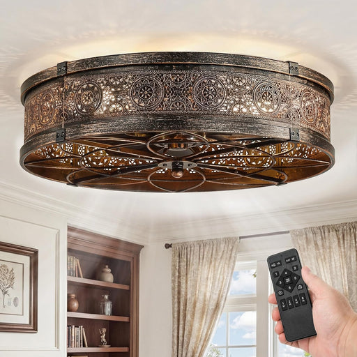20" Caged Ceiling Fans with Lights,Low Profile Flush Mount Enclosed Bladeless Farmhouse Ceiling Fan with Light and Remote,Black and Gold Vintage Victorian Rustic Fandelier for Bedroom,Kitchen